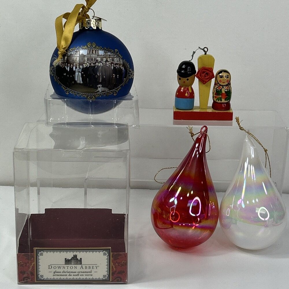Hand Blown Glass Ornaments Lot Downtown Abbey Iridescent Tear Drop Matryoshka